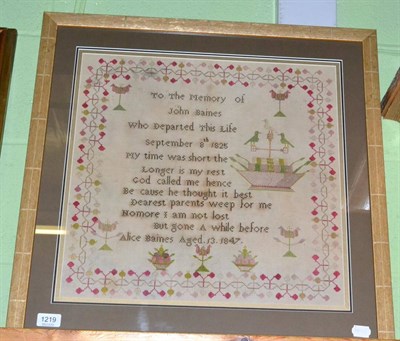 Lot 1219 - Framed memorial sampler worked by Alice Baines, aged 13, dated 1847, within a pink and green...