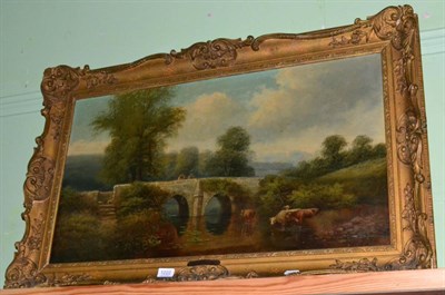 Lot 1222 - George Harris, 19th century oil on canvas, cattle watering at a bridge