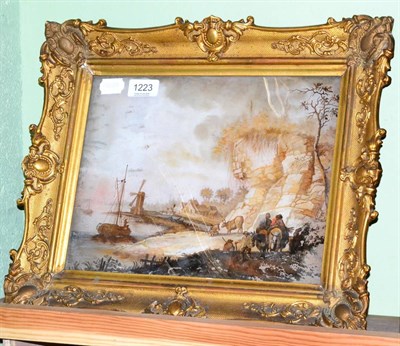 Lot 1223 - An 18th/19th century painting under glass, figures amongst landscape