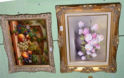 Lot 1235 - J.F.Smith, still life of assorted fruits on a wooden table, signed oil on board, together with...