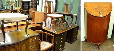 Lot 1349 - A pair of dining chairs, woolwork stool, a mahogany inlaid tripod coffee table, a beadwork stool, a