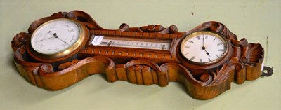 Lot 1383 - Late Victorian oak aneroid barometer with combined thermometer/timepiece