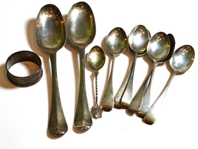 Lot 15 - Two silver dessert spoons, six silver teaspoons, a souvenir spoon and a napkin ring
