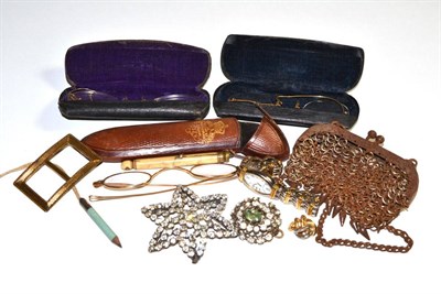 Lot 32 - A pair of glasses in Carpenter & Westley case, spectacles, paste jewellery, etc