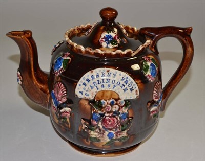Lot 37 - Bargeware teapot ";A Present From Swadlincote 1897"