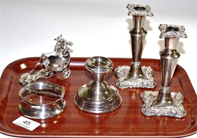 Lot 45 - A pair of silver candlesticks, dwarf silver candlestick, gold theme silver mounted ashtray and...