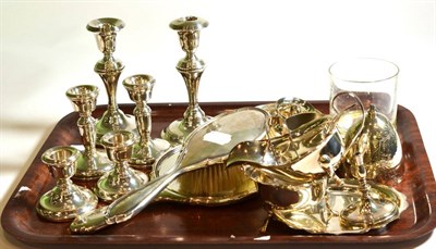 Lot 48 - Silver and plated items including squat candlesticks, dressing table items, silver footed...