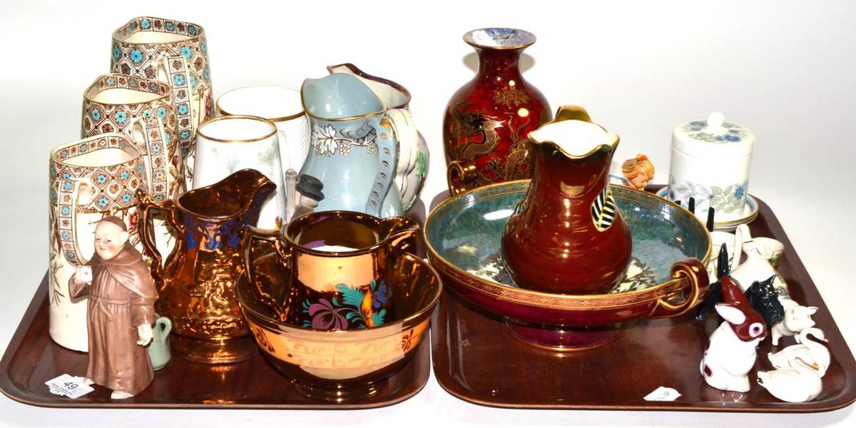 Lot 49 - Two trays of 19th and 20th century decorative ceramics including lustre pottery, water jugs,...