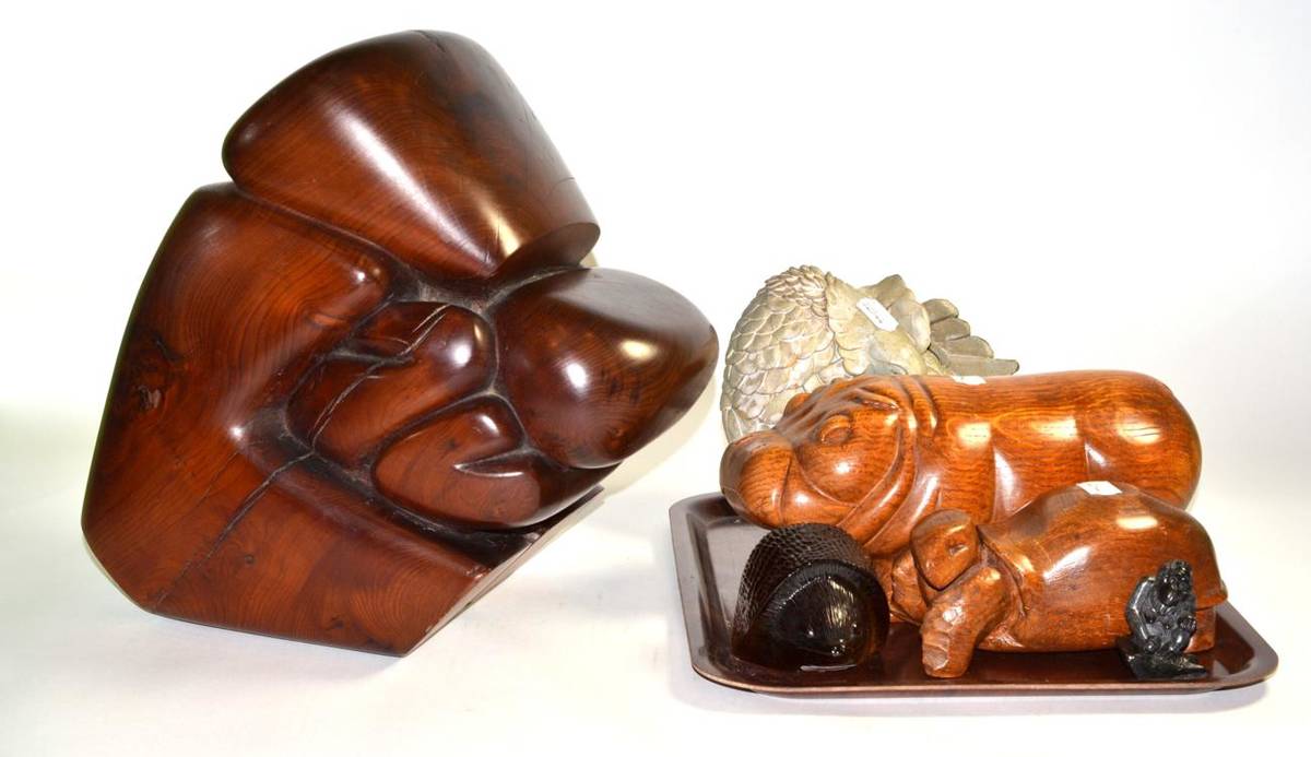 Lot 50 - David Gilbert carved yew group 'Yew-me', a Janet Hamer pigeon and four other wood and glass...