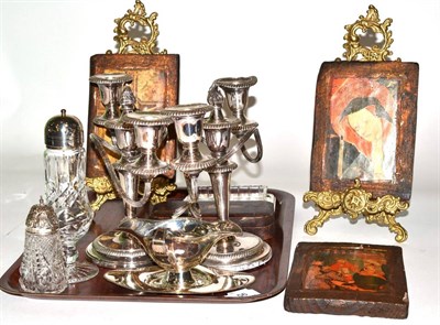 Lot 56 - A pair of brass easel frames, three icons, plated ware, two casters, etc