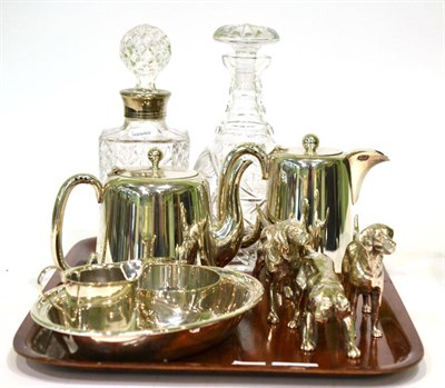 Lot 77 - Three white metal labrador models, a silver collared decanter, another decanter and a small...