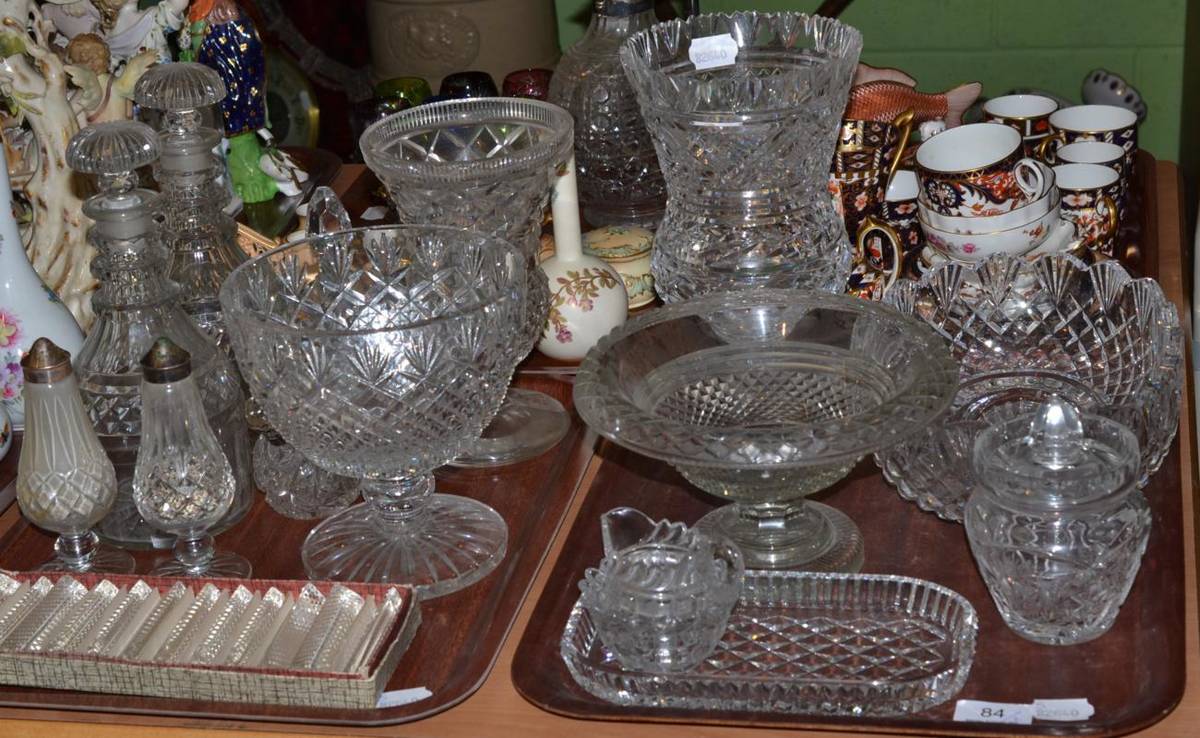 Lot 84 - Two trays of cut glass, including a pair of decanters, pedestal bowls, vases and a boxed set of...