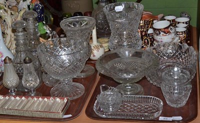 Lot 84 - Two trays of cut glass, including a pair of decanters, pedestal bowls, vases and a boxed set of...