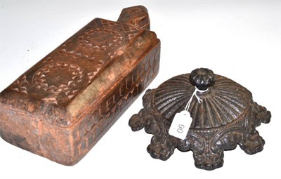 Lot 90 - A Victorian cast iron spittoon, stamped No.3, 24cm diameter and a carved hardwood spice box,...