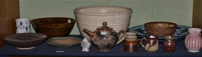 Lot 101 - Studio and craft ceramics comprising large pale bowl, four other bowls, teapot, Rye jug, five mugs