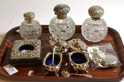 Lot 123 - Three silver mounted scent bottles, four piece cruet set, pocket watch, watch holder etc