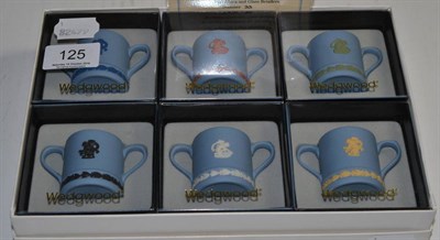 Lot 125 - A set of six Wedgwood Jasper colour combination miniature loving cups, limited edition 33/500,...