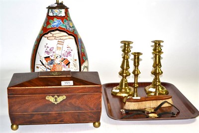 Lot 151 - Georgian tea caddy, two pairs brass candlesticks, Japanese lamp base, two wristwatches and a...