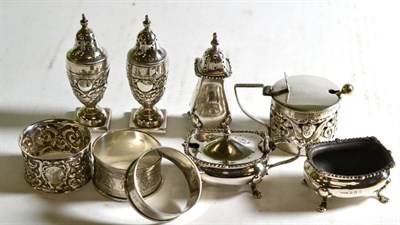 Lot 174 - Assorted silver cruets, condiments and a napkin ring, various dates and makers (9)