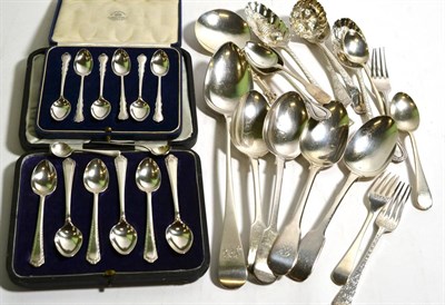 Lot 177 - Assorted 18th to 20th century silver flatware and spoons including a George III silver basting...