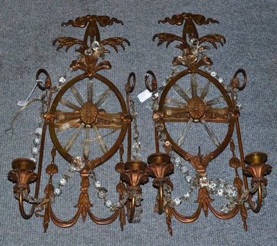 Lot 193 - A pair of German wall appliques hung with crystal drops (twin lights)