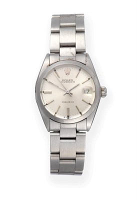 Lot 140 - A Mid-Size Stainless Steel Calendar Centre Seconds Wristwatch, signed Rolex, Precision, model:...