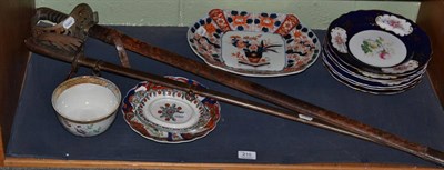 Lot 210 - Two swords and quantity of china (on a shelf)