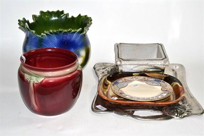 Lot 242 - Art Nouveau pewter twin-handled tray, Andrew Hague planter, two jardinieres, slip dish and a...