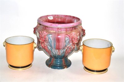 Lot 243 - Clement Massier cache pot and pair of pottery wine coolers