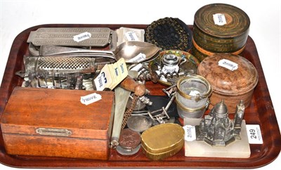 Lot 249 - A silver desk calendar, two 18th century silver spoons, treen stacking boxes, commemorative...