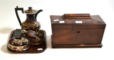 Lot 264 - A Victorian rosewood tea caddy, a silver bottle holder, pair of silver mustards, plated ware, etc