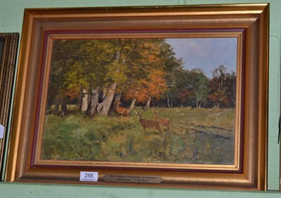 Lot 288 - An oil on board depicting a woodland scene with deer, signed C Drahtmann