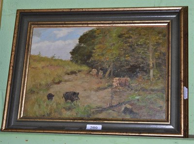 Lot 289 - An oil on board depicting wild boars in a woodland scene, signed C Drahtmann