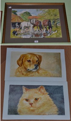 Lot 298 - D M & E M Alderson, ";Cart Horses";, watercolour, signed and dated 1981, and two greetings cards by