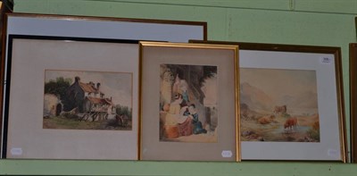 Lot 306 - Four watercolour pictures depicting landscape, figural and highland bull scenes