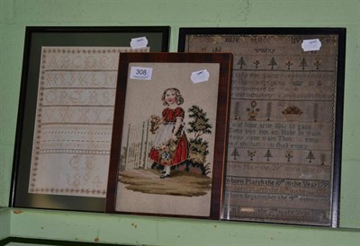 Lot 308 - Framed woolwork of a young girl, framed alphabet sampler initialled GE dated 1894, framed early...