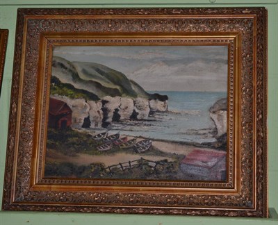 Lot 311 - Ella Fayer, oil on canvas, boats by a cliff