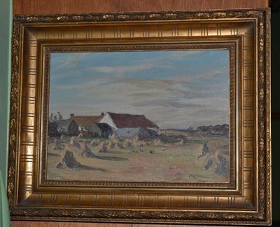 Lot 320 - An oil on board of a hay making field, signed J A Riddel (1857-1928)