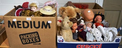 Lot 1000 - An English jointed teddy bear, a 2007 Harrod's bear and a quantity of assorted dolls (in two boxes)