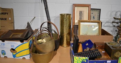 Lot 1005 - A pair of tea caddy's, copper and brass, scales, boxes, metronome, pictures and prints, etc