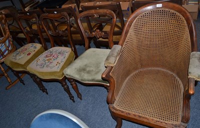 Lot 1012 - William IV beech scoop back caned bergere, pair of Victorian rosewood chairs with needlework...