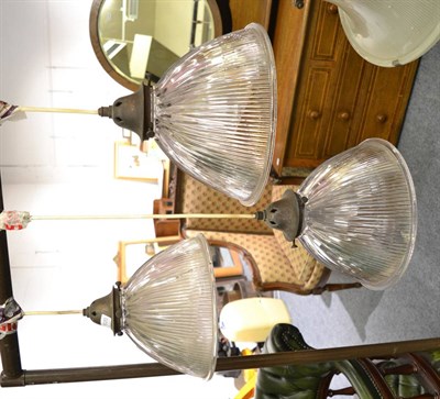 Lot 1020 - Set of five fluted glass pendant light shades with metal roses