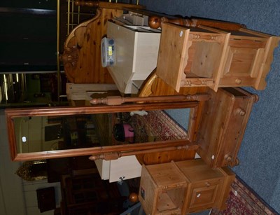 Lot 1023 - Pine double bedstead, pair of bedside tables and a cheval mirror, set of pine open wall...