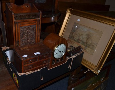 Lot 1056 - Three mantel clocks, a barometer, a miniature mahogany chest of drawers, a smoker's cabinet,...