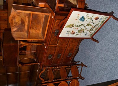 Lot 1062 - Walnut sewing table, walnut dressing chest, shelf unit, two cake stands and a fire screen