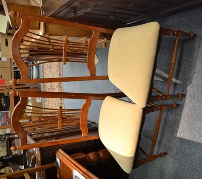 Lot 1067 - A set of five modern kitchen chairs, plus two ladder back chairs and another with a needlework drop