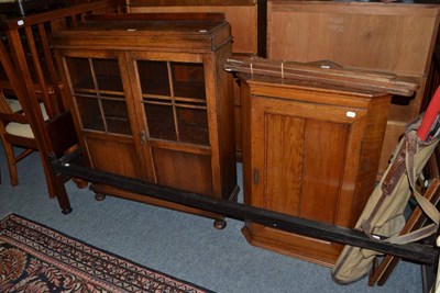 Lot 1069 - Oak corner cupboard, two glazed oak bookcases, rail end double bedstead, two oak framed...