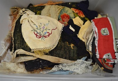 Lot 1071 - Assorted white linen, textiles, woolwork panels, silk paisley cloth (af), evening bags, lace...