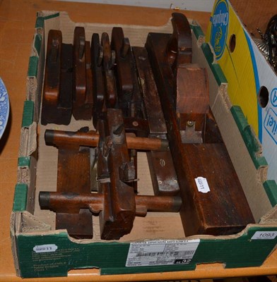 Lot 1093 - Collection of woodworking tools, including plough plane, moulding planes, spirit levels etc