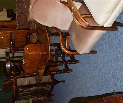 Lot 1115 - Oak gateleg table, Singer sewing machine, fire screen/table, two occasional tables, display cabinet